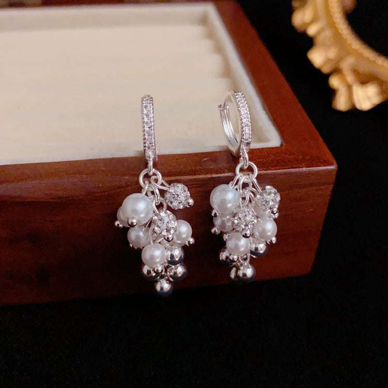 Elegant Pearl & Zircon Ball Tassel Drop Earrings – Geometric Design