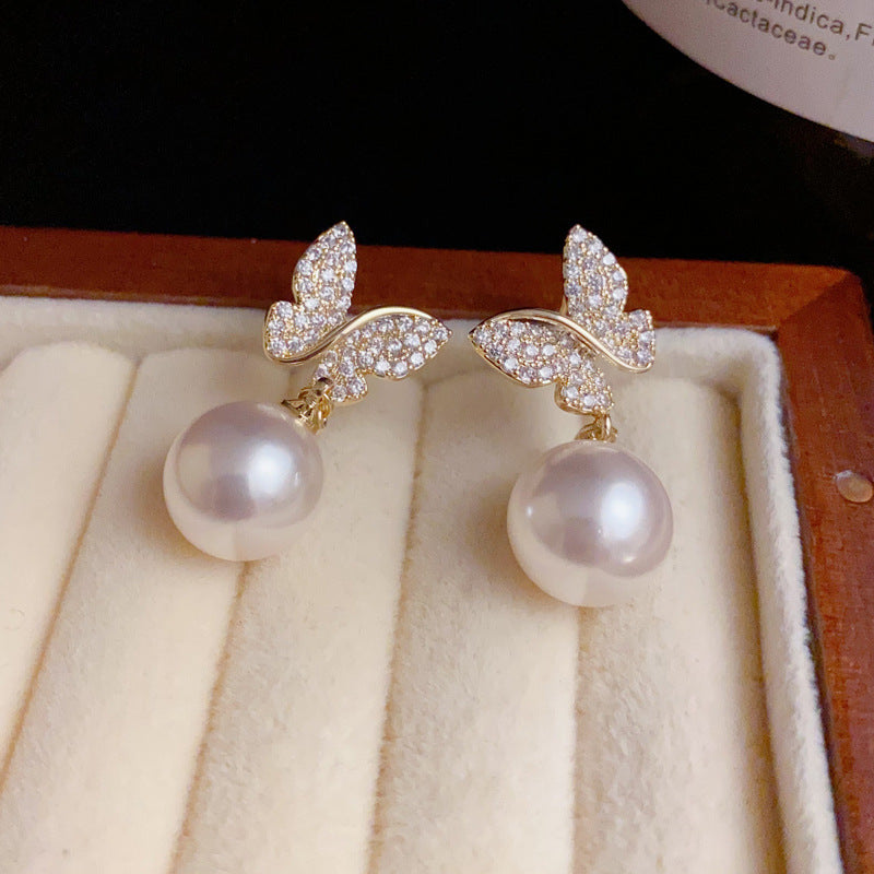 14K Gold-Plated Butterfly Pearl Drop Earrings – Elegant Chic Design
