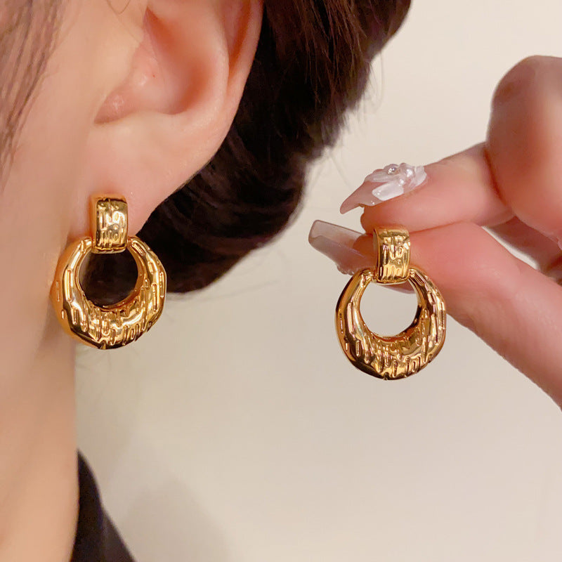 14K Gold-Plated Textured Metal Circle Drop Earrings - Elegant Design