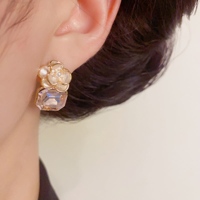 14K Gold Sweet K9 Glass Flower Drop Earrings – S925 Silver Needle