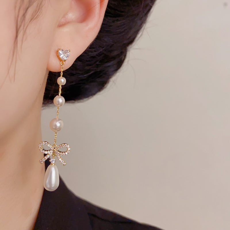 Eaioncol Bow Pearl Tassel CZ Drop Earrings Gold Silver