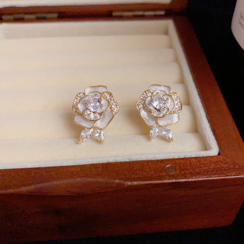 14K Gold-Plated Zircon Camellia Ear Cuffs – Elegant Floral Design