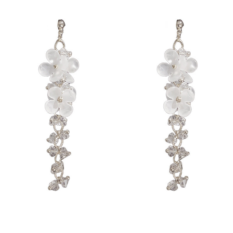 Luxury White Petal & Zircon Tassel Drop Earrings – S925 Silver Needle