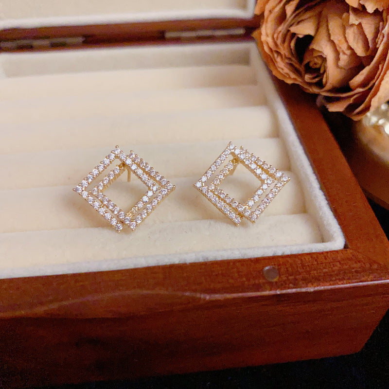 Zircon Double-Layer Diamond-Shaped Stud Earrings – Geometric Design