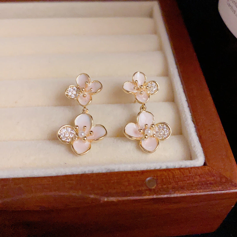 14K Gold-Plated Pink Flower Drop Earrings – Elegant Korean Style