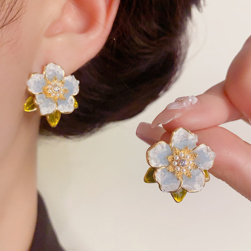 14K Gold Crystal Camellia Stud Earrings – S925 Silver Needle