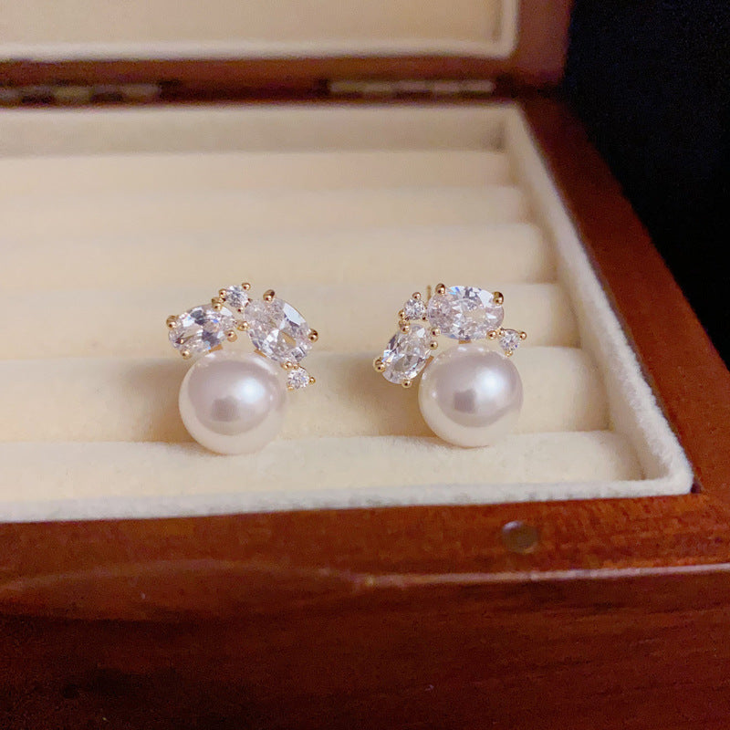 14K Gold Geometric Full-Zircon & Pearl Stud Earrings – French Design