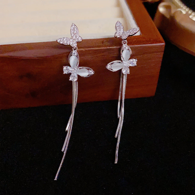 Luxury Butterfly Long Tassel Drop Earrings – Silver Needle Design