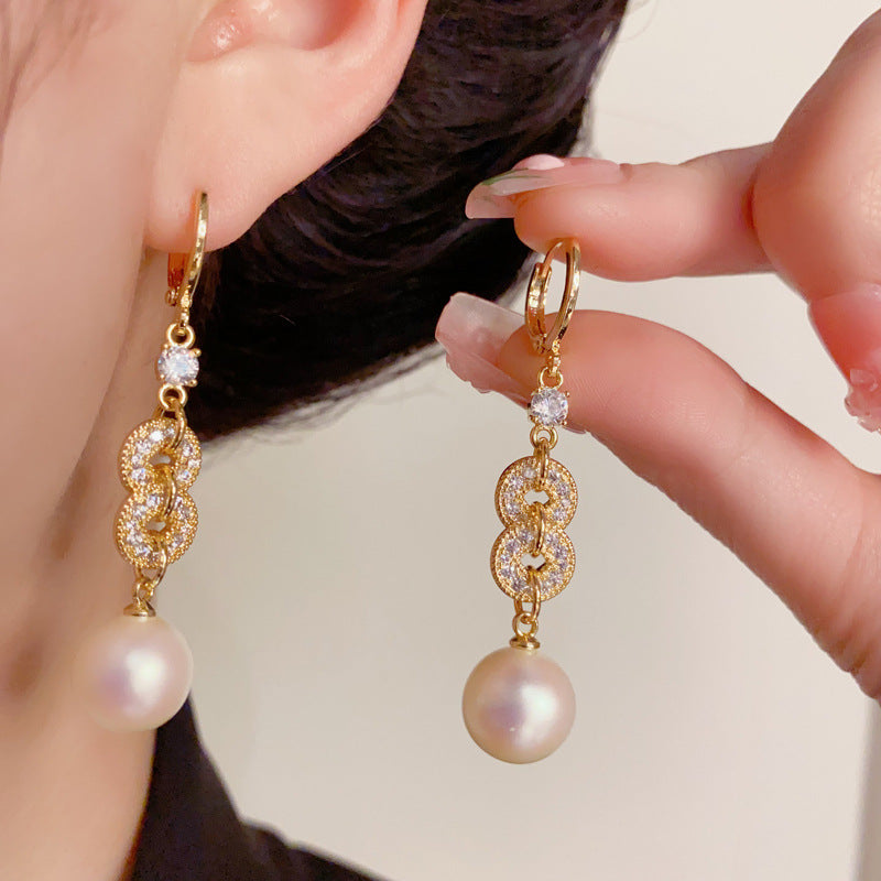 14K Gold-Plated Zircon Coin Pearl Tassel Earrings – Elegant Design