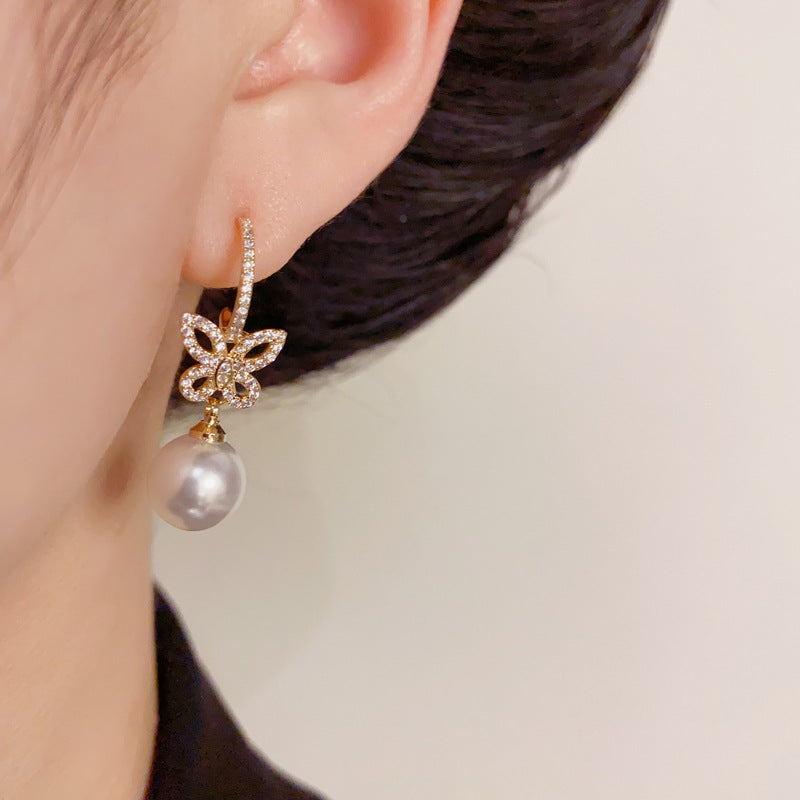 14K Gold-Plated Zircon Butterfly Pearl Earrings – Elegant Drop Design