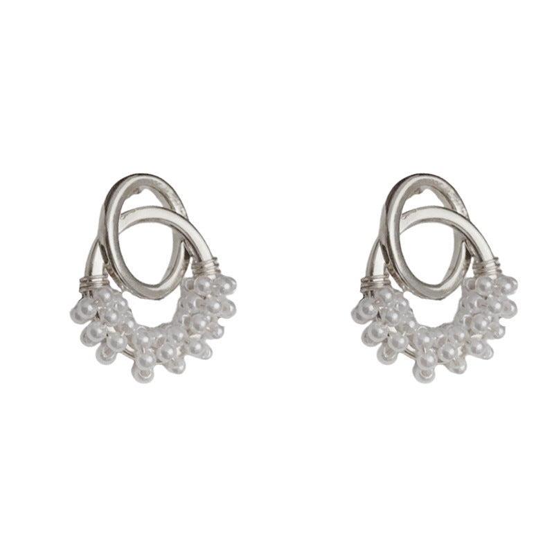 French vintage Pearl Geometric Stud Earrings – Silver Needle Design