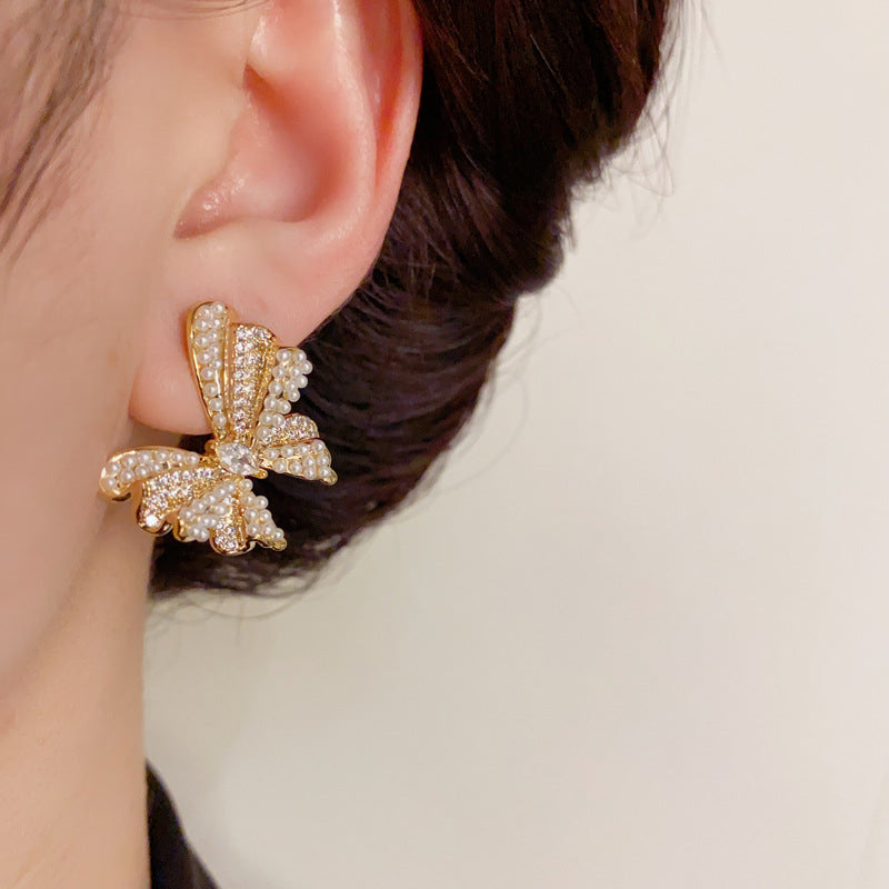 14K Gold-Plated Pearl Butterfly Earrings - Elegant Animal Design