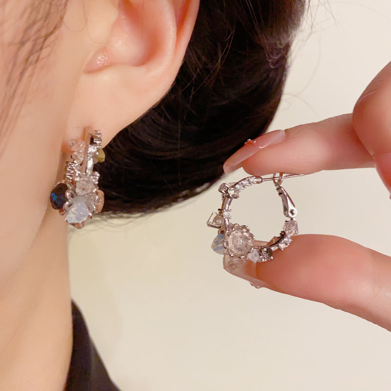 Vintage Double-Sided Cherry Blossom Pink Rhinestone Hoop Earrings