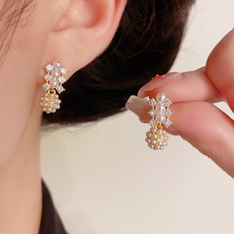 14K Gold Minimalist Zircon & Pearl Ball Stud Earrings – Elegant Design