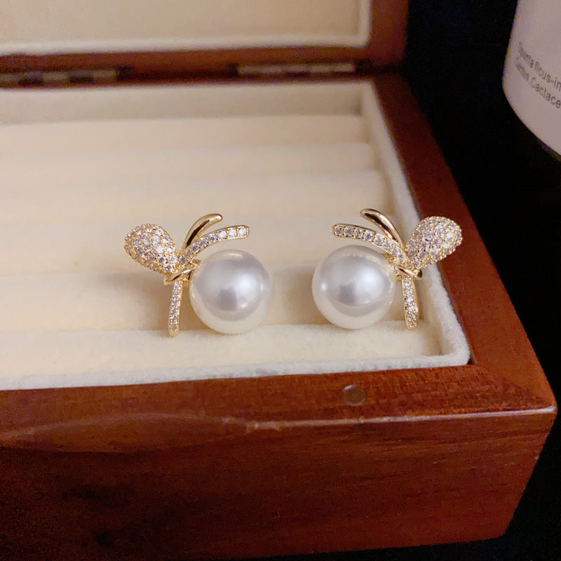 14K Gold S925 Silver Needle Zircon Pearl Stud Earrings– Elegant Design