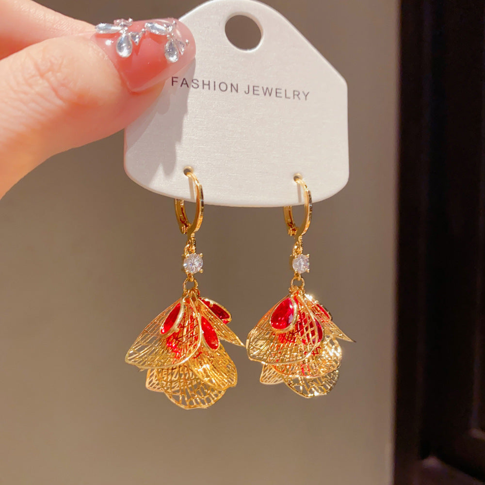 Eaioncol Red Teardrop Petal Tassel Hoop Earrings 14K Gold Plated