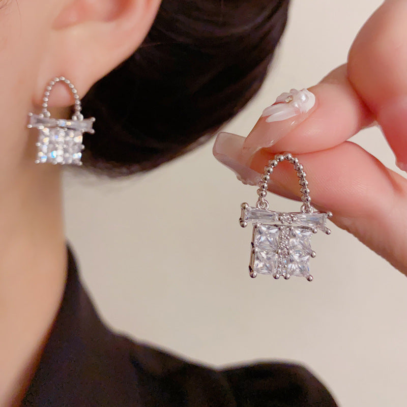 Luxury Full-Zircon Bow Handbag Drop Earrings – Geometric Design