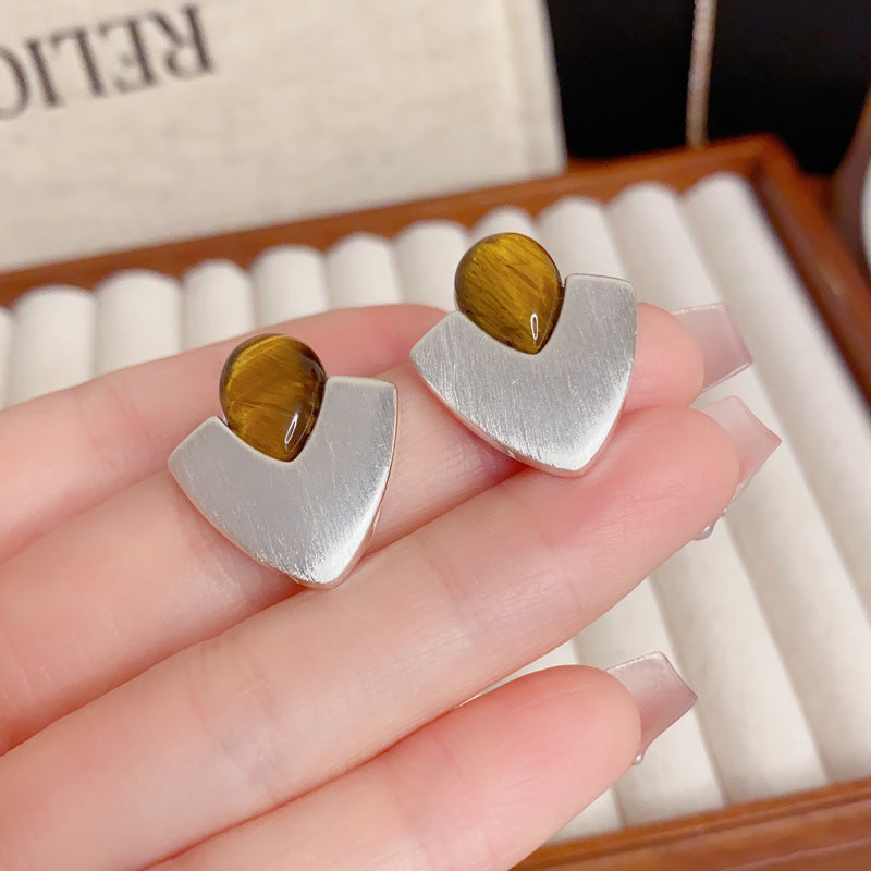 Elegant Tiger's Eye Silver Geometric Stud Earrings – Minimalist Design