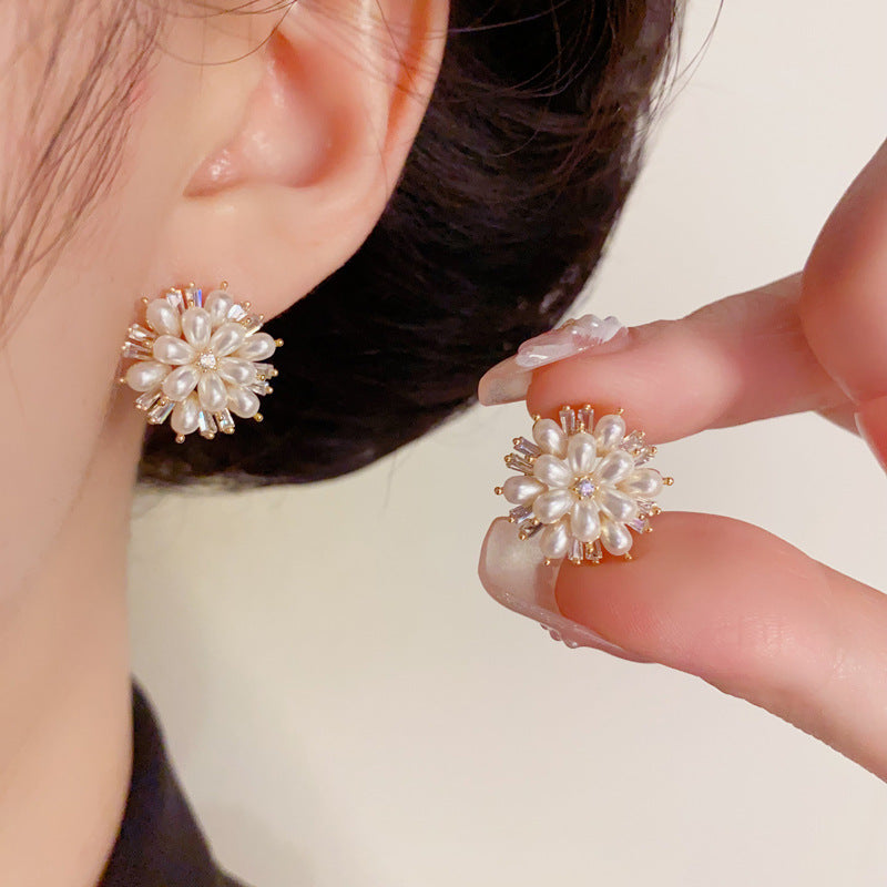 Luxury Zircon & Pearl Petal Stud Flower Earrings – Elegant Design