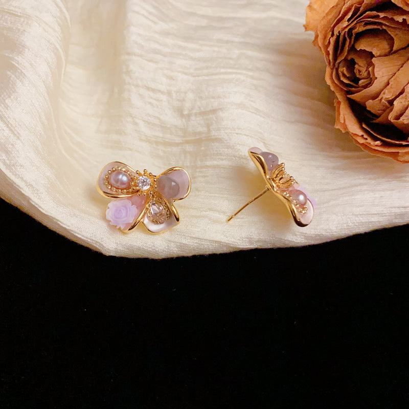 Luxury Handcrafted Flower, Pearl & Bow Stud Earrings – Elegant Design