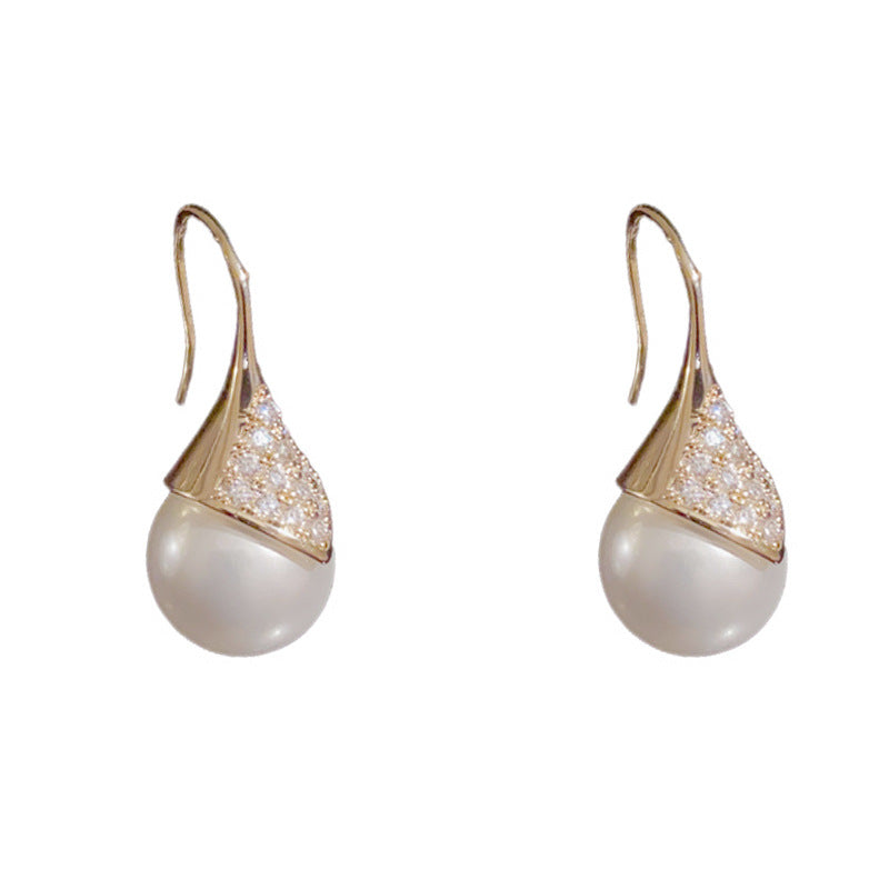 Elegant Zircon Diamond Pearl Ear Hook Earrings – Geometric Design