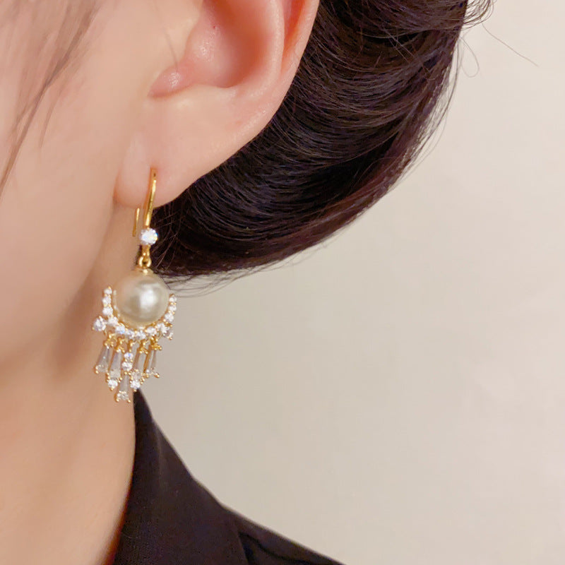 Luxury Zircon Pearl Tassel Hook Earrings – Geometric Design