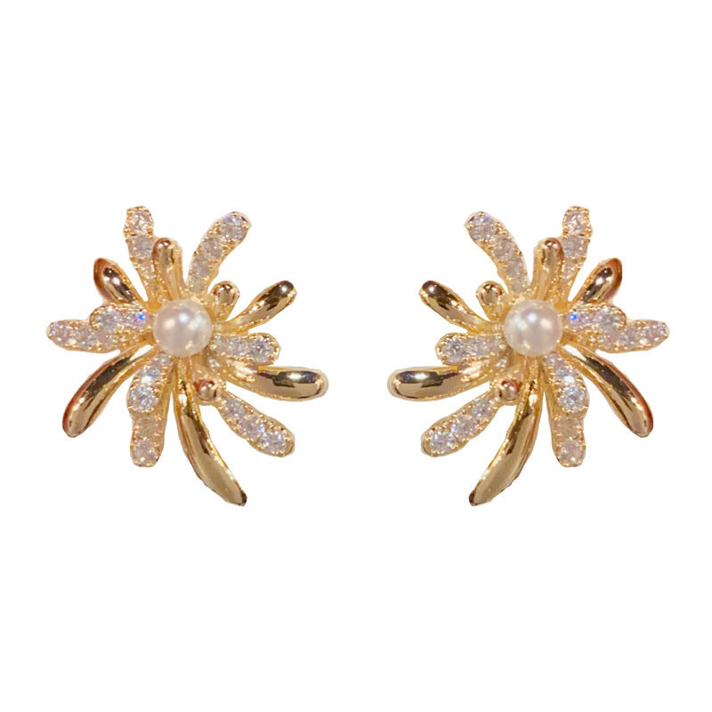 Gold Flower Bouquet Earrings – Micro Zircon Vintage Studs for Women