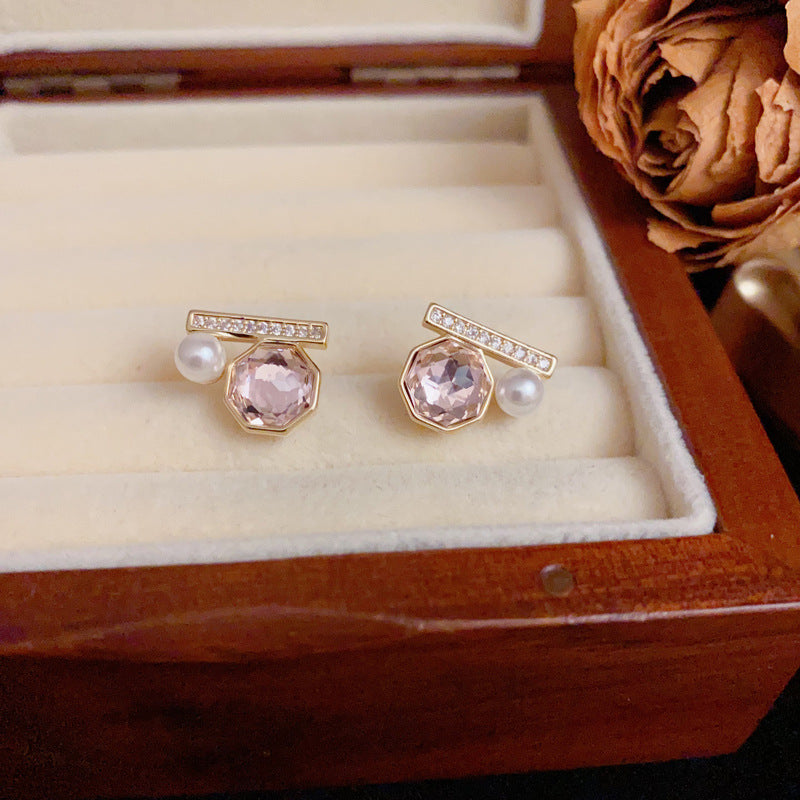 14K Gold Vintage Geometric Pearl Stud Earrings – S925 Silver Needle