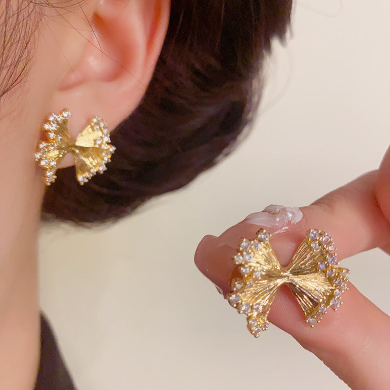 Luxury Pleated Bow-Shaped & Zircon Stud Earrings – Elegant Design