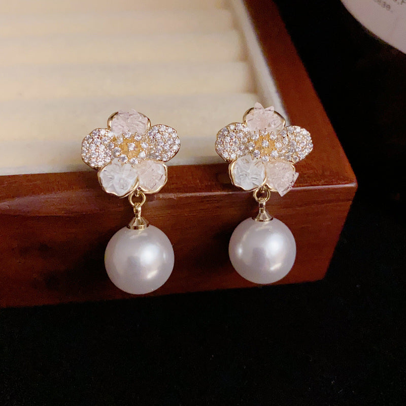 14K Gold-Plated Diamond Flower Drop Pearl Earrings – Elegant Design