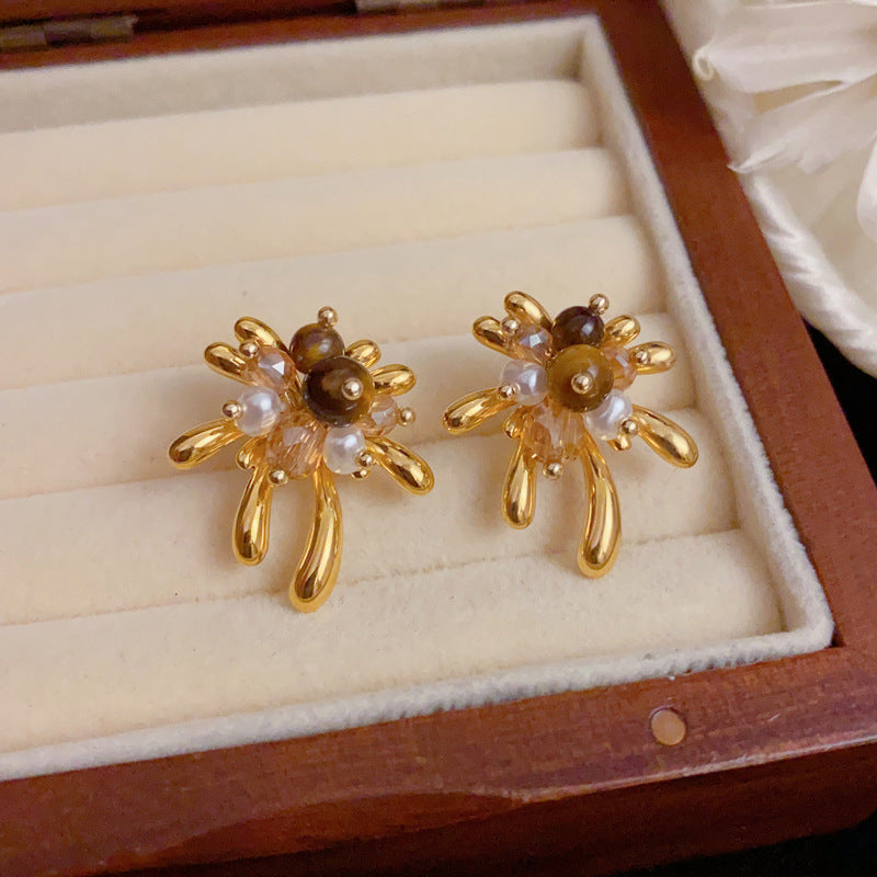 Elegant Metal Firework Tiger's Eye Stud Earrings – Geometric Design