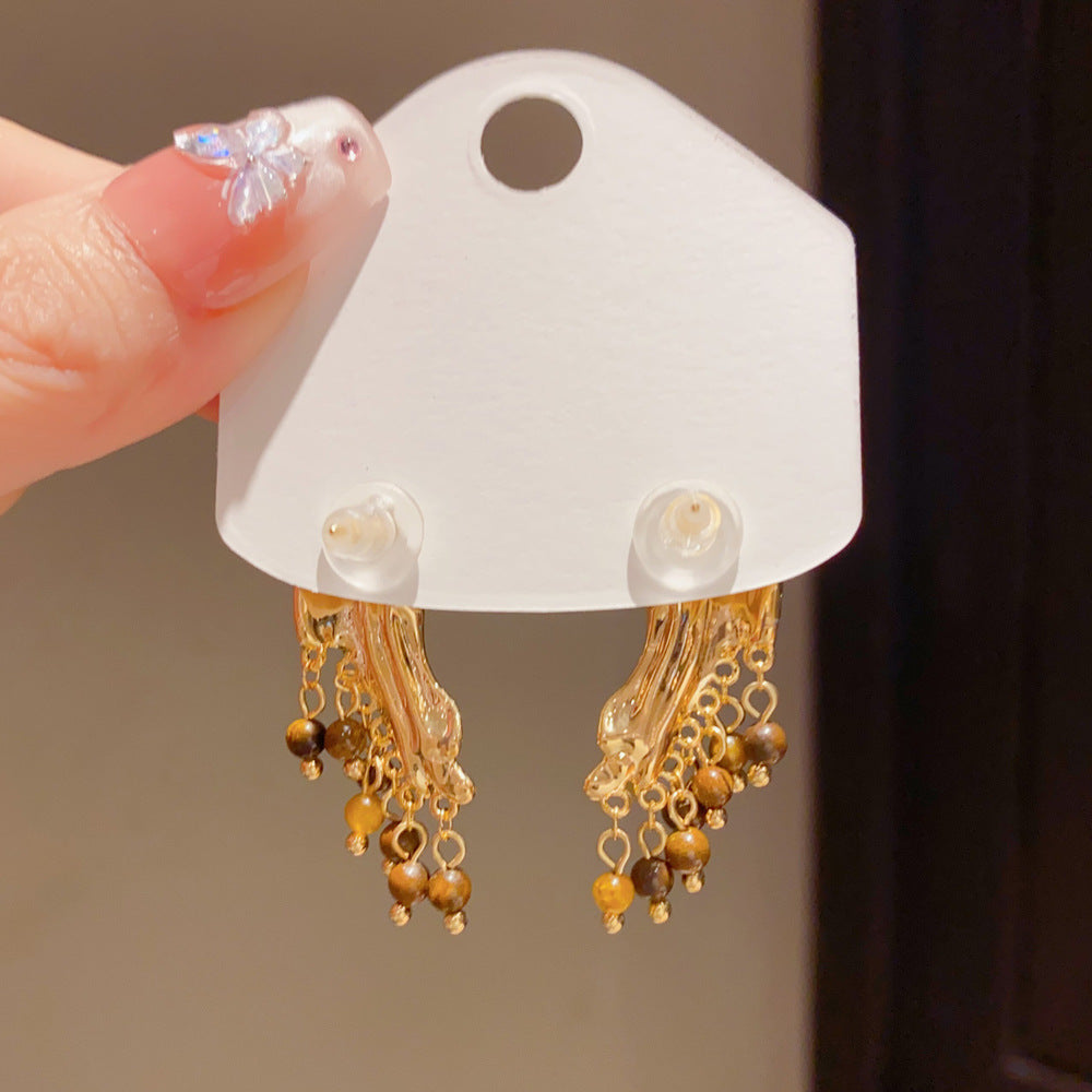 Eaioncol Geometric Tiger Eye Tassel Earrings 18K Gold