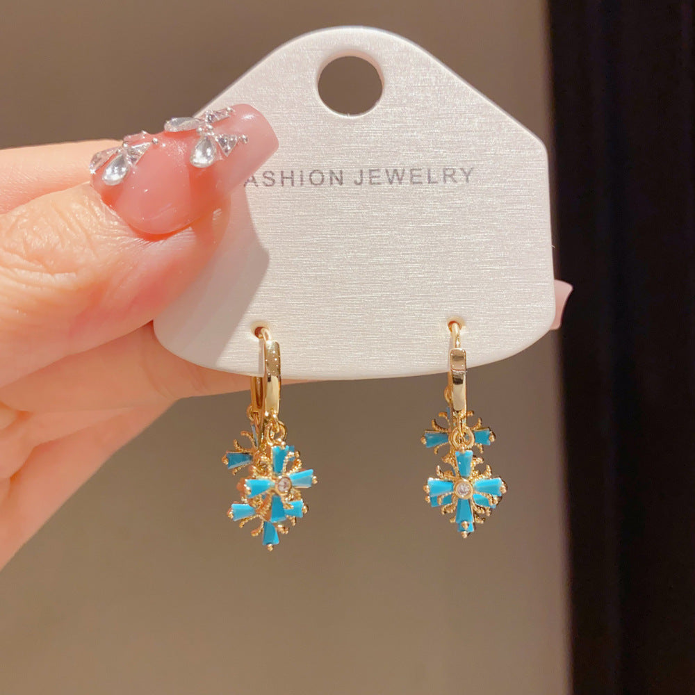 Eaioncol Blue Cross Tassel Hoop Earrings Gold Silver