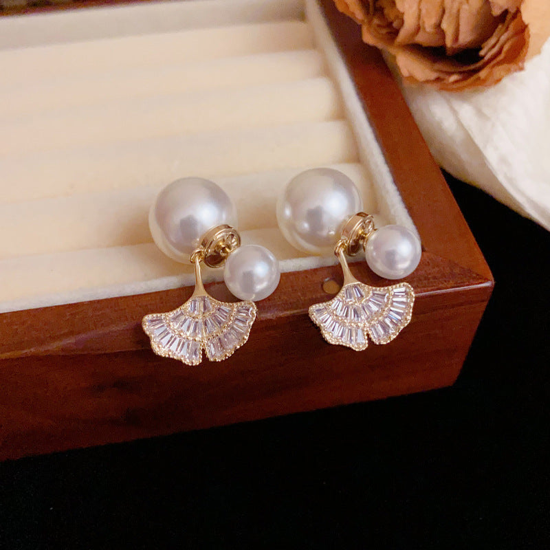Luxury Pearl & Full-Zircon Leaf Two-Way Drop Earrings – Floral Design