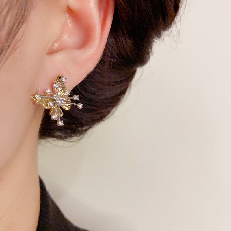 14K Gold-Plated Two-Tone Butterfly Stud Earrings -Elegant & Minimalist