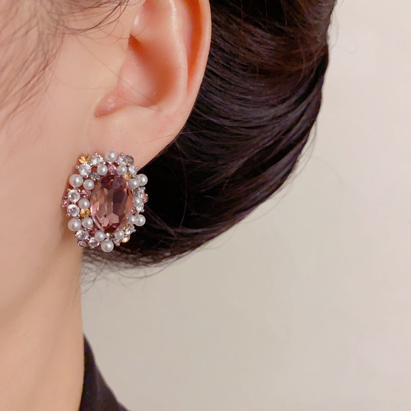 Luxury Full-Zircon Pearl Oval Stud Earrings – Floral Design