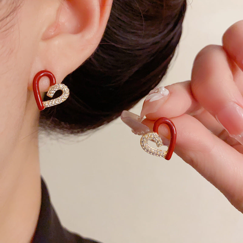 Luxury Zircon Spliced Red Heart Stud Earrings – French Design