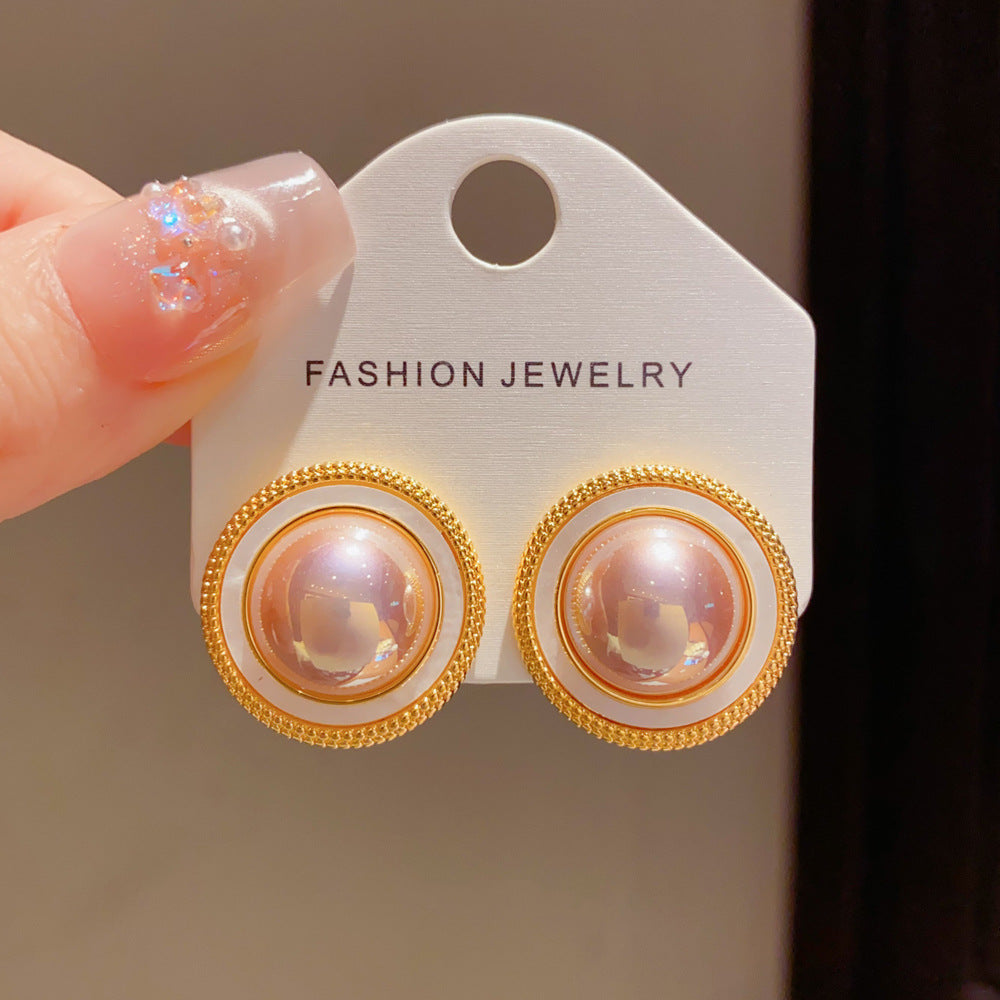 Eaioncol Iridescent Pearl Circle Stud Earrings Grey Purple