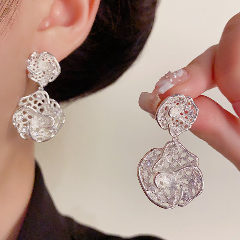Elegant Metal Hollow 3D Flower Drop Earrings – Floral Design