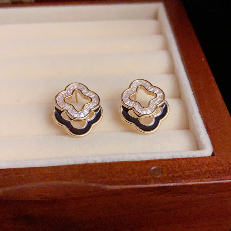 14K Gold-Plated Zircon Four-Leaf Stud Earrings - Chic Elegance Design
