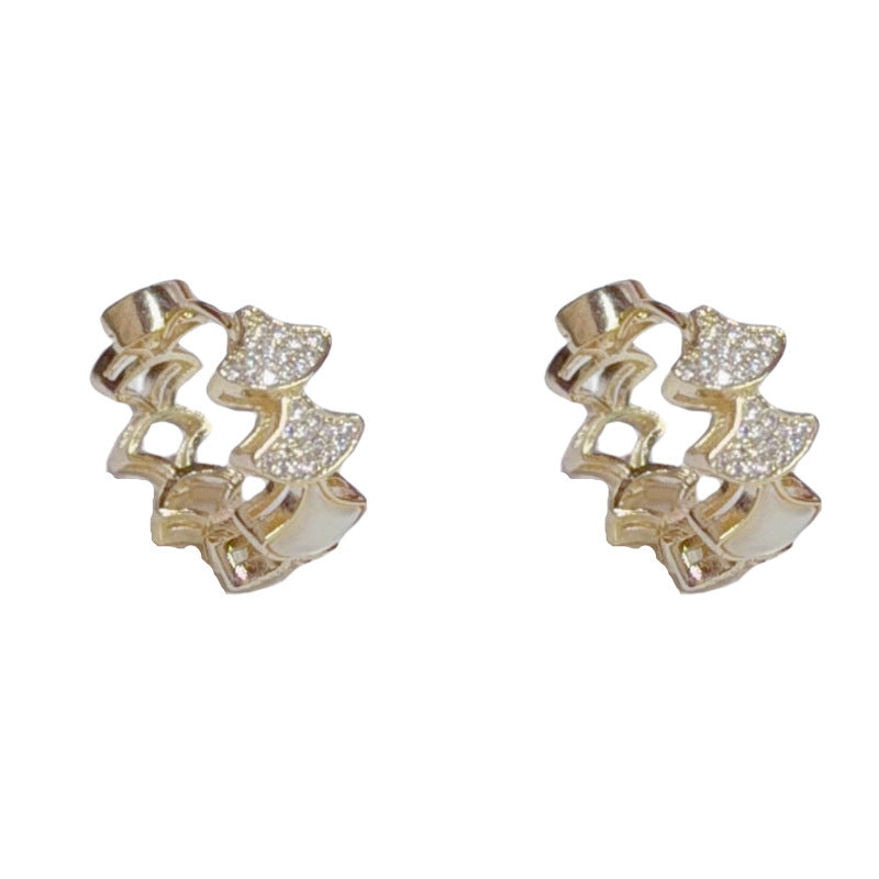 Elegant Zircon Mother-of-Pearl Fan Hoop Earrings – Geometric Design