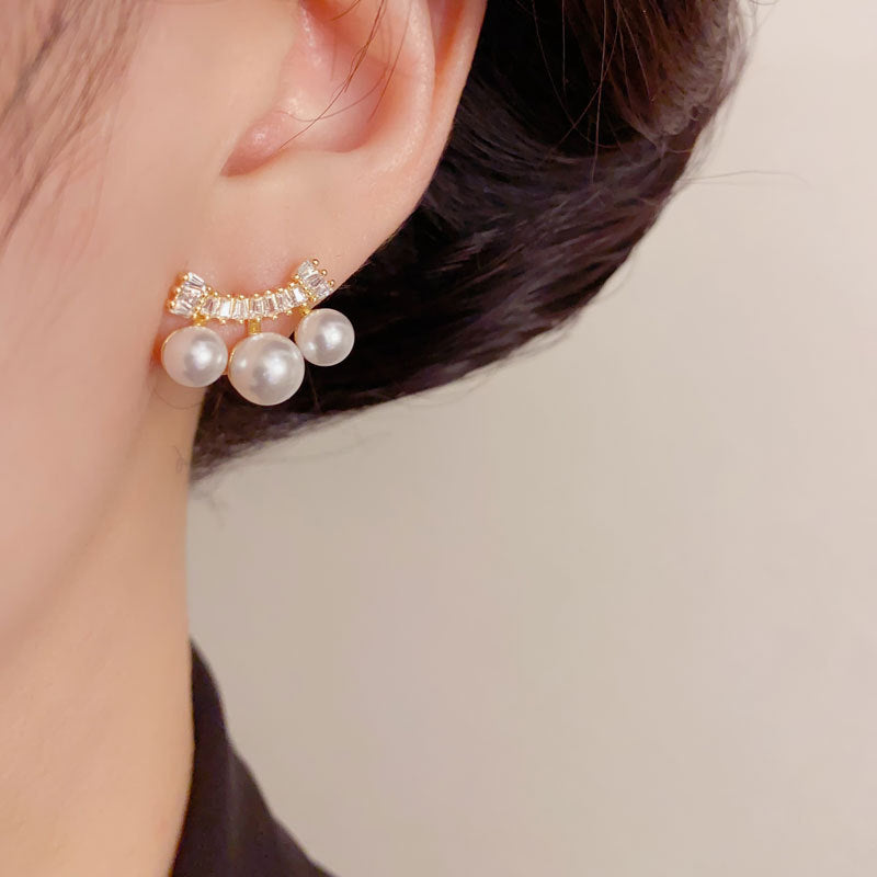 Elegant Zircon Bar Pearl Stud Earrings – Minimalist Geometric Design