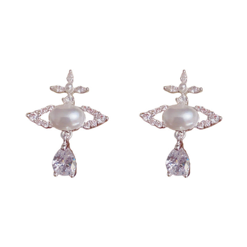 Luxury Full-Zircon Pearl Saturn Teardrop Earrings – Elegant Design