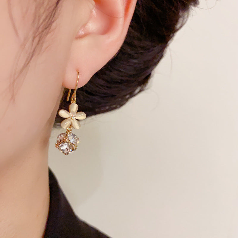 14K Gold Cat Eye Petal Zircon Ball Drop Earrings- Chic Elegance Design