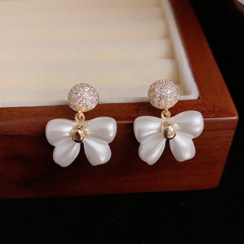 14K Gold Bow & Rhinestone Circle Drop Earrings – Elegant Chic Design