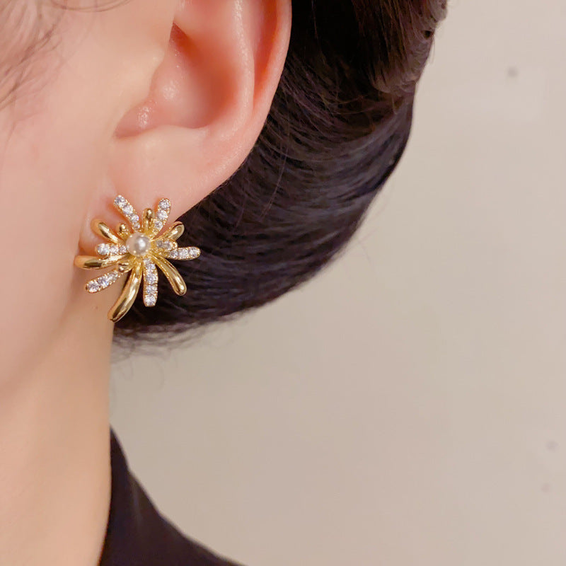 Gold Flower Bouquet Earrings – Micro Zircon Vintage Studs for Women