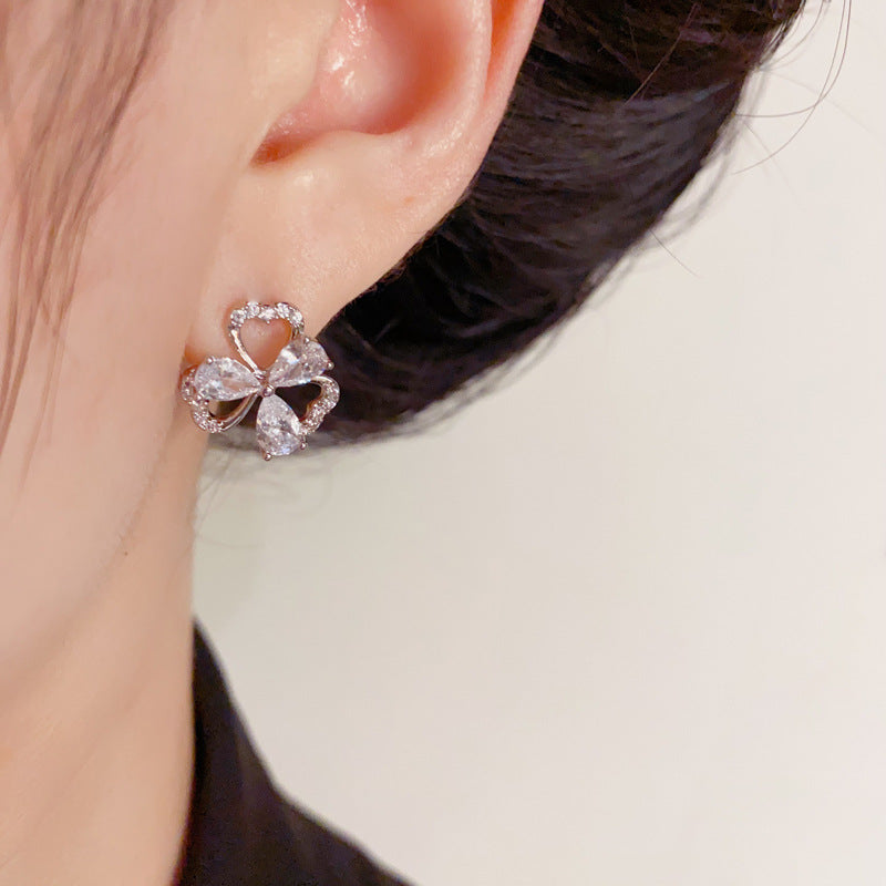 Elegant Zircon Three-Leaf Flower Stud Earrings – Floral Design