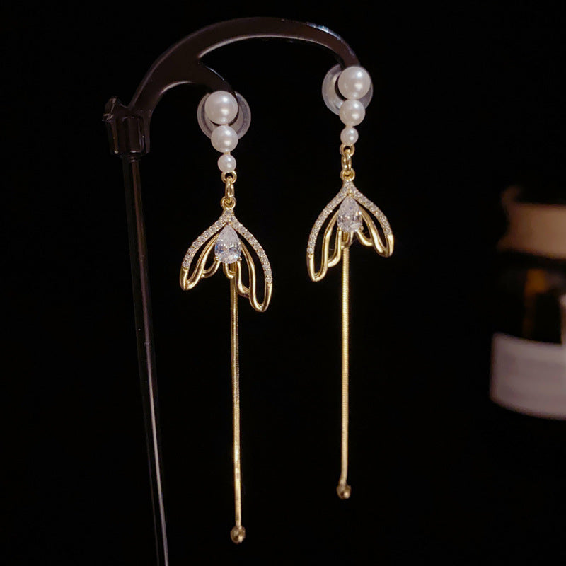 14K Gold-Plated Pearl Zircon Fish Tail Tassel Earrings –Elegant Design