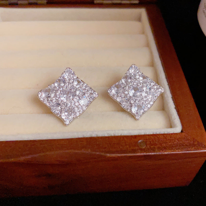 14K Gold Full Zircon Rhombus Stud Earrings- Chic Elegance Design