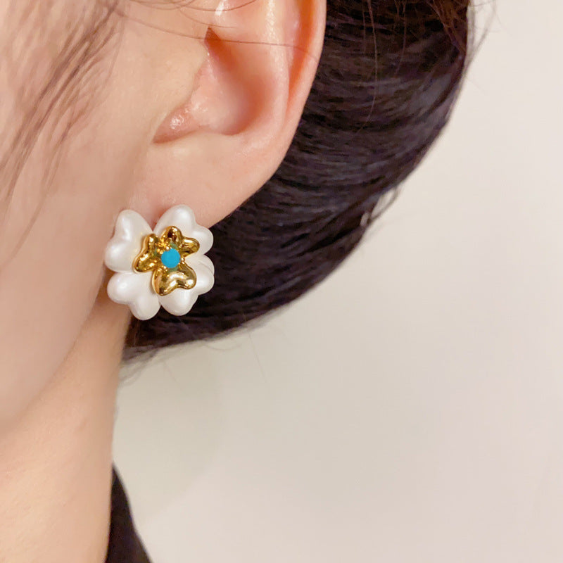 14K Gold-Plated White Flower Stud Earrings – Sweet & Minimalist Design